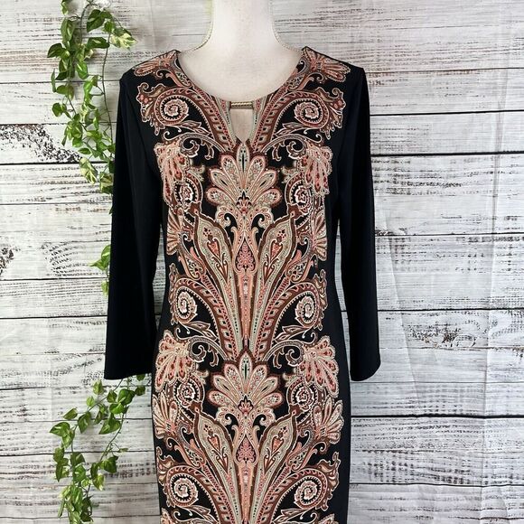 JM Collection DRess size Medium black Brown Paisley Straight Sheath Stretch Knee - Picture 3 of 16